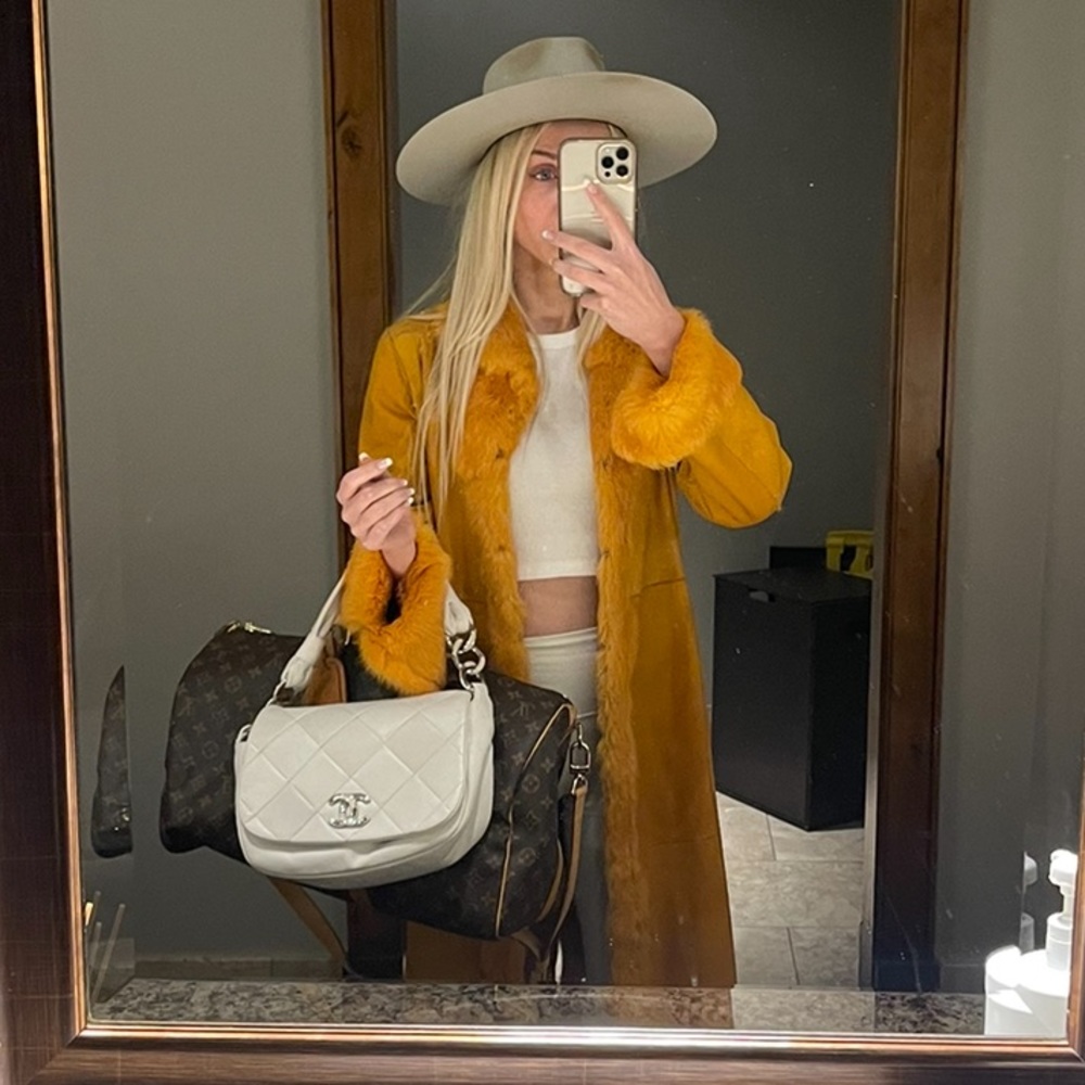 Custom real fox fur penny lane coat jacket orange suede long duster style